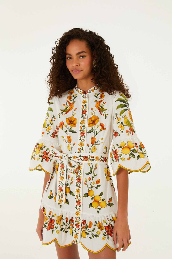 FARM Rio model wearing the Lemon Bouquet Off-White Mini Dress