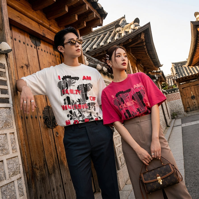 T-shirt oversize blanc à lettres imprimées - Mode Coréenne unisexe