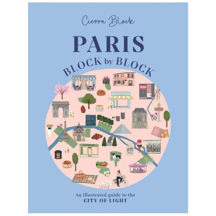 Book cover of 'Paris Block by Block' with illustrated map design on a light blue background.