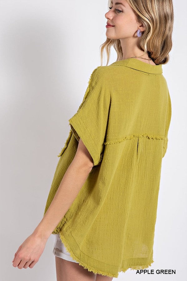 Raw Edge and Dolman Sleeve Popover Top (2 colors/Plus/Reg)