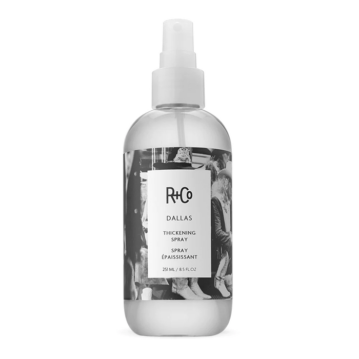 R+Co DALLAS spray, thickening blow dry spray, volume spray for big hair, Texas style hair spray, root lifting spray, smoothing volumizing spray, body building hair spray, blowout styling product, thick hair spray with shine, R+Co volume boost