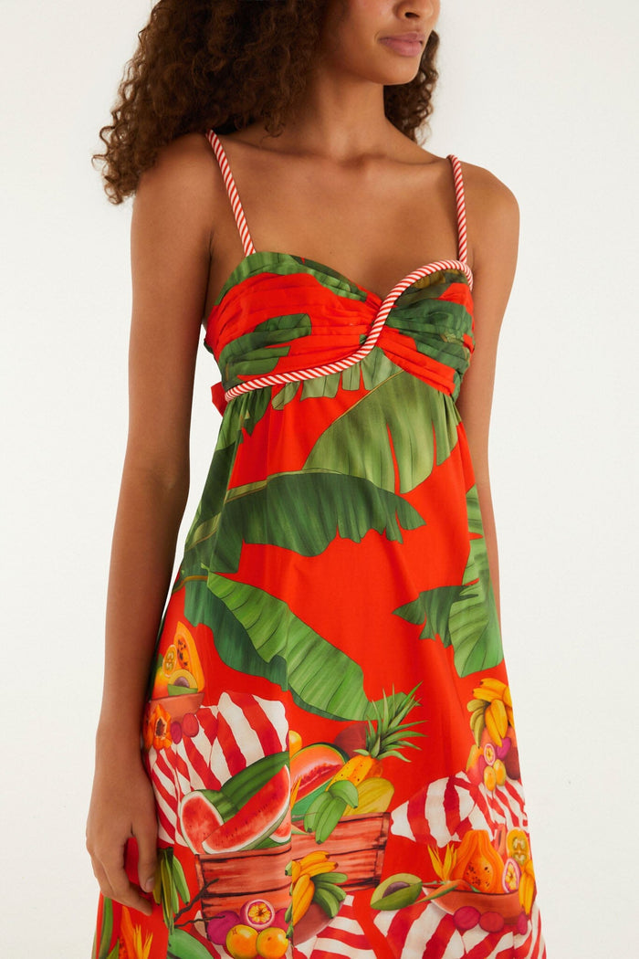 FARM Rio model wearing the Fruit Trolley Red Sleveless Maxi Dress