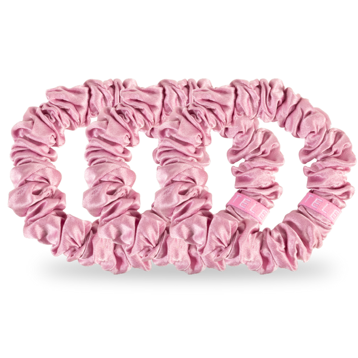 TELETIES Silk Mini Scrunchies, pink silk scrunchies, small silk hair ties, silk hair ties for thin hair, hair damage prevention, silk mini scrunchie set, healthy hair scrunchies,
