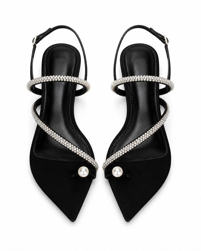 SHEIN Black Rhinestone Strap Pointed Flat Sandals - SHEIN Fast Delivery in 5 Days