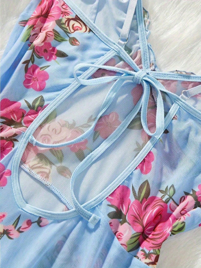 SHEIN Blue Floral Lace Trim Cami Nightdress Set - SHEIN Fast Delivery in 5 Days