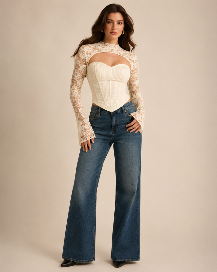 SHEIN Fast Delivery Ivory Lace Cutout Corset Top