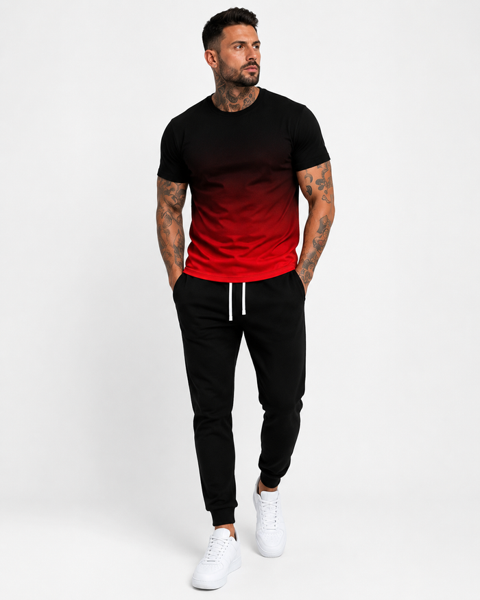 SHEIN Men’s Black & Red Gradient Casual Set – Ombre T-Shirt and Black Jogger Pants