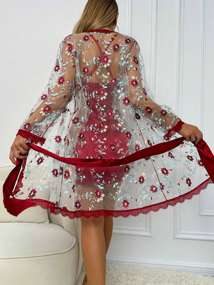SHEIN Red Satin Floral Lace Nightdress Set - SHEIN Fast Delivery in 5 Days