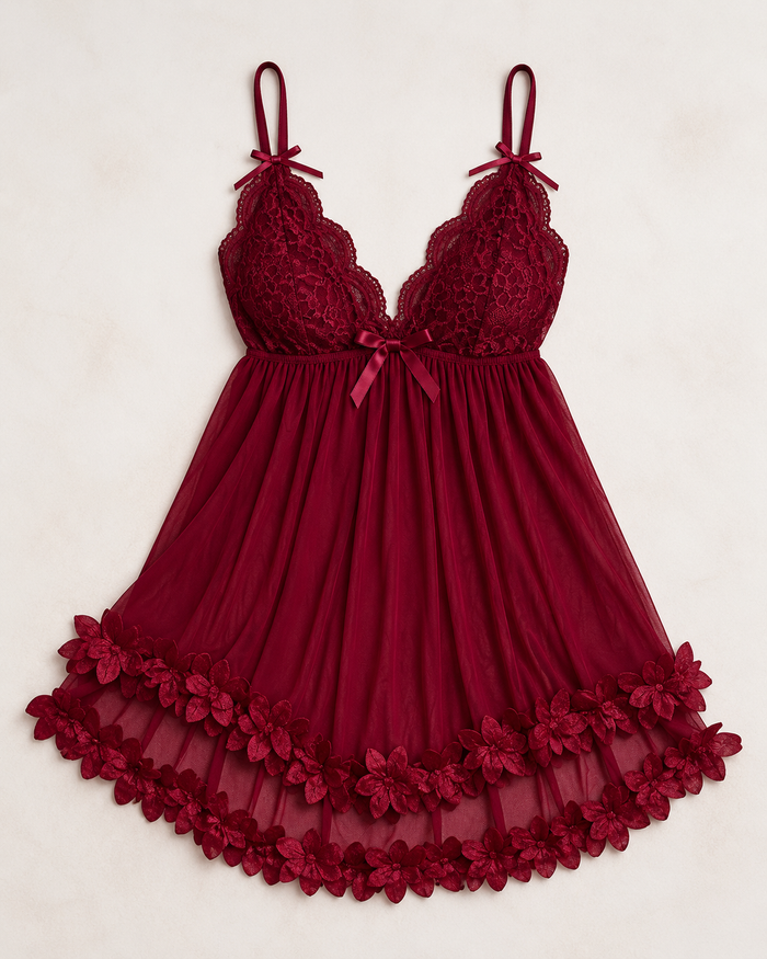 SHEIN Women Burgundy Lace Mesh Babydoll Nightdress