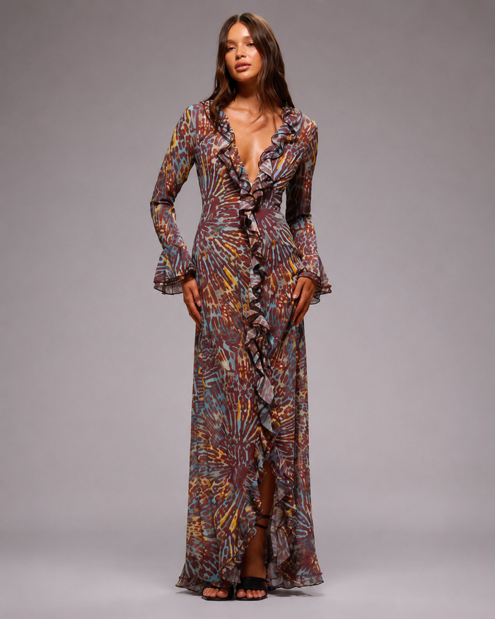 SHEIN Women Multicolor Ruffle Long Sleeve Maxi Dress