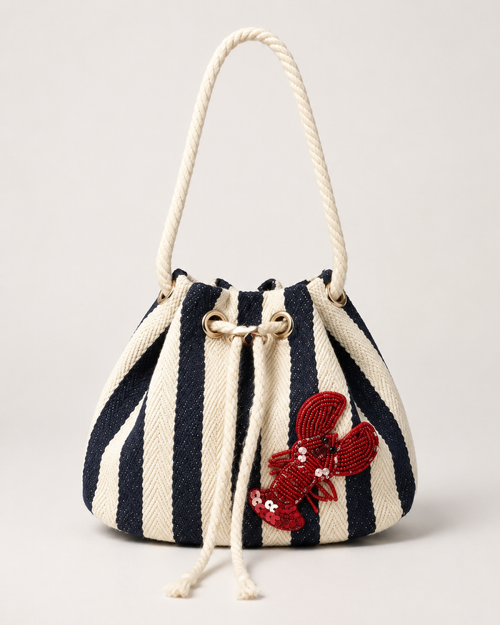 SHEIN Women Navy Striped Lobster Drawstring Bucket Bag