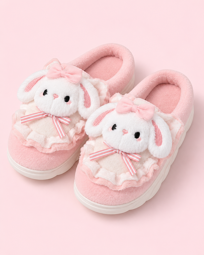 SHEIN Women Pink Bunny Plush Platform Slippers