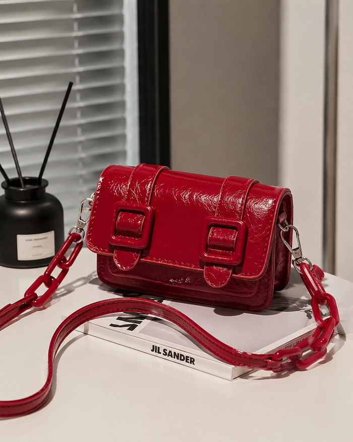 SHEIN Women’s Red Glossy Mini Shoulder Bag – Buckle Detail Crossbody Bag, SHEIN Fast Delivery in 5 Days