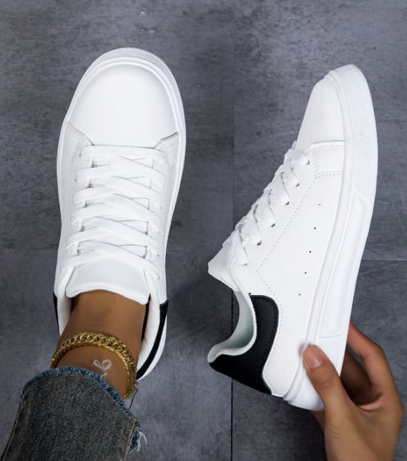SHEIN Women’s White Lace-Up Sneakers – Black Heel Detail Casual Shoes, SHEIN Fast Delivery in 5 Days