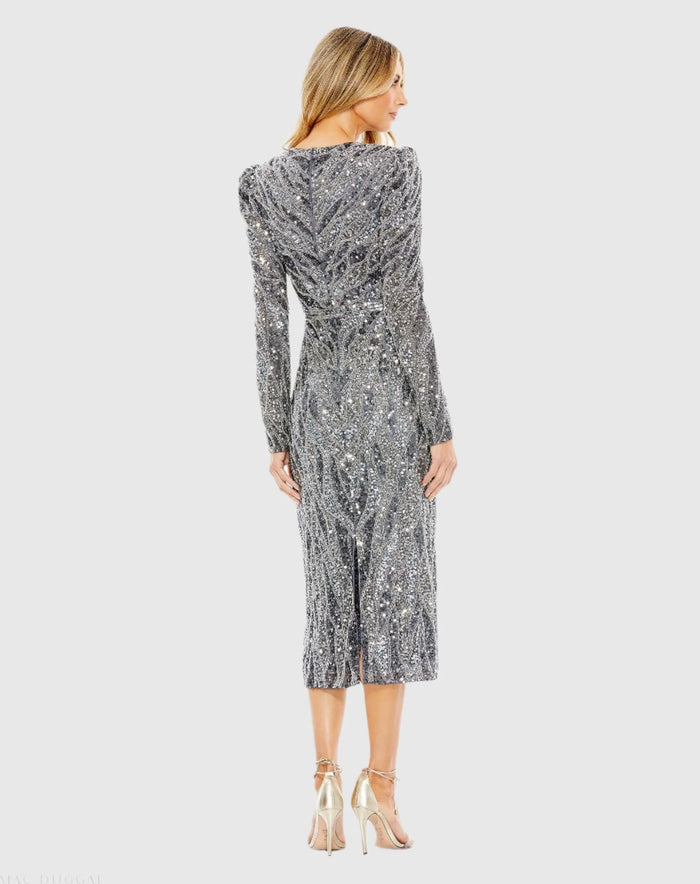Gray Long Sleeve V Neck Beaded Cocktail Dress - Mac Duggal