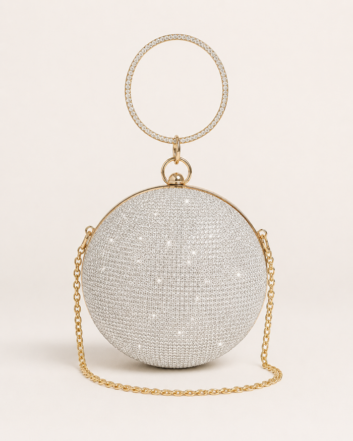 Silver Round Rhinestone Evening Bag, Sparkly Ball Clutch with Gold Chain and Ring Handle