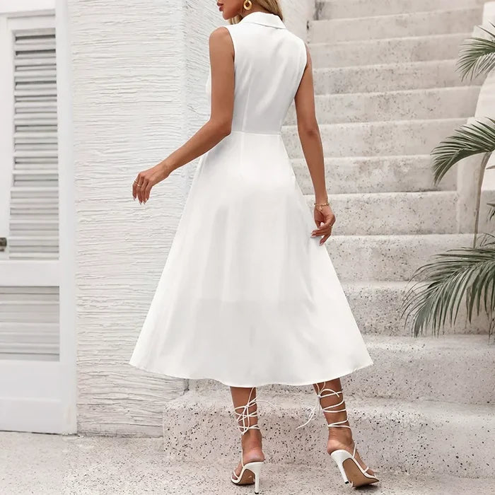 Sleeveless Dress with Contrast-Color Bow Tie