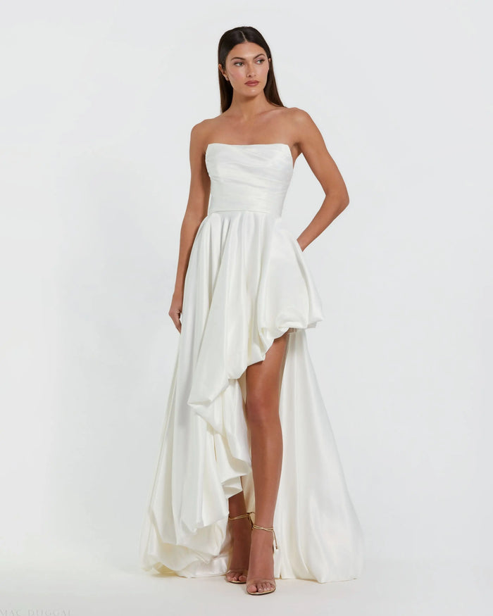 White Strapless Ruched High Low Gown Mac Duggal