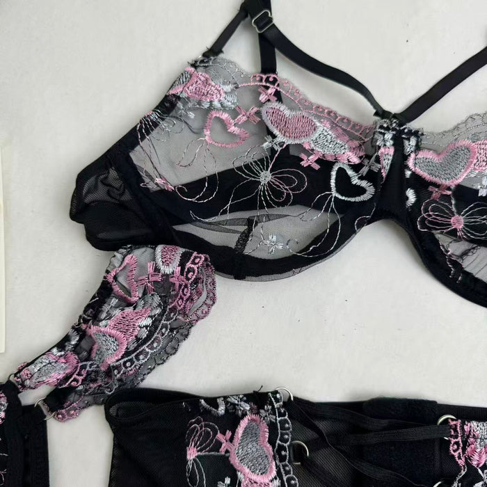 Three-Piece Embroidered Black mesh Set