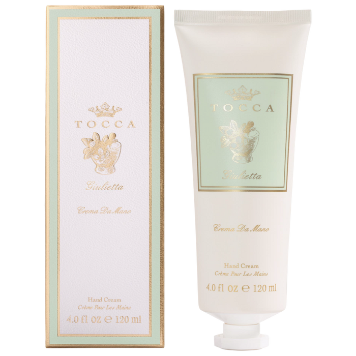 Tocca hand cream with packaging on a white background