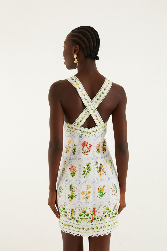 FARM Rio model wearing the Tropical Porcelain Off-White Mini Dress