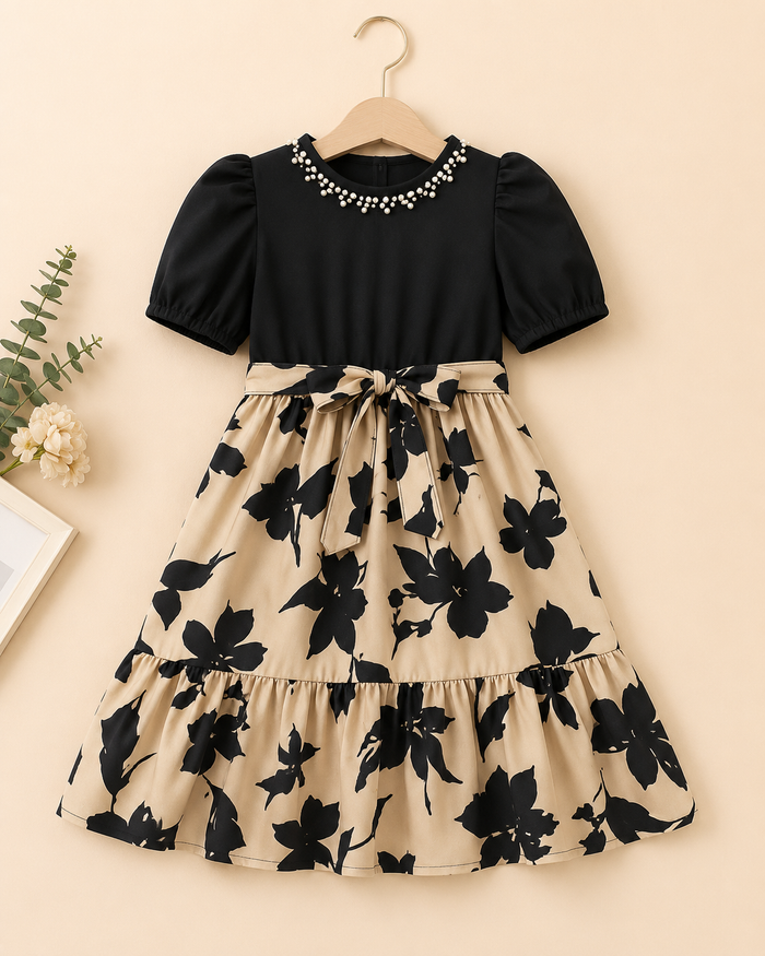 Twirlia Girls Black & Beige Floral Ruffle Maxi Dress