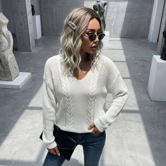 Pull blanc en maille torsadée pour femme - K-fashion décontractée