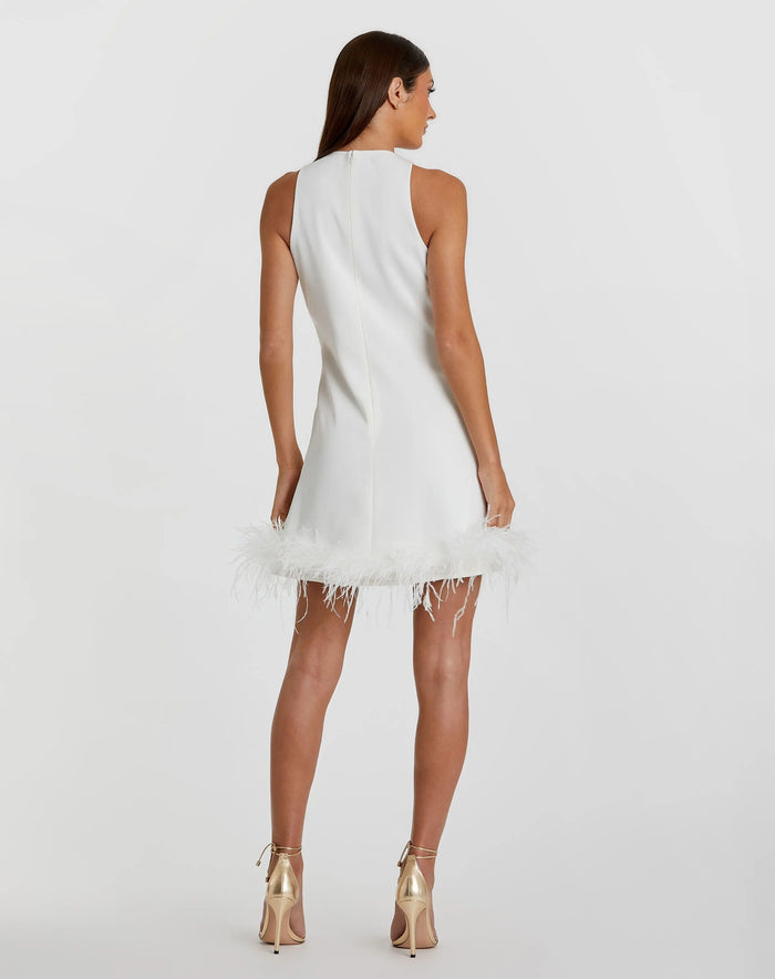 White Feathered Hem High Neck Sleeveless Trapeze Dress - Mac Duggal