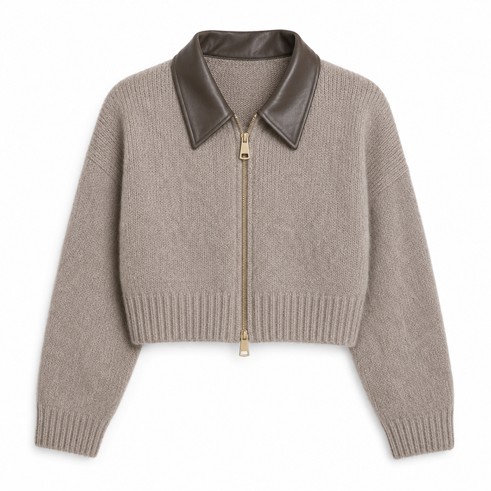 Women Beige Cropped Knit Cardigan with Faux Leather Collar and Front Zipper