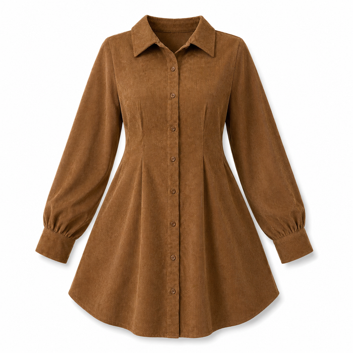 Women Brown Long Sleeve Button Down Shirt Dress, Loose Fit Casual Mini Dress