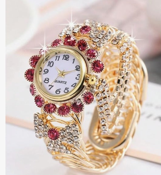 Women Luxury Bracelet Watch – Gold Watch with Crystal & Red Stones – Elegant Dress Watch