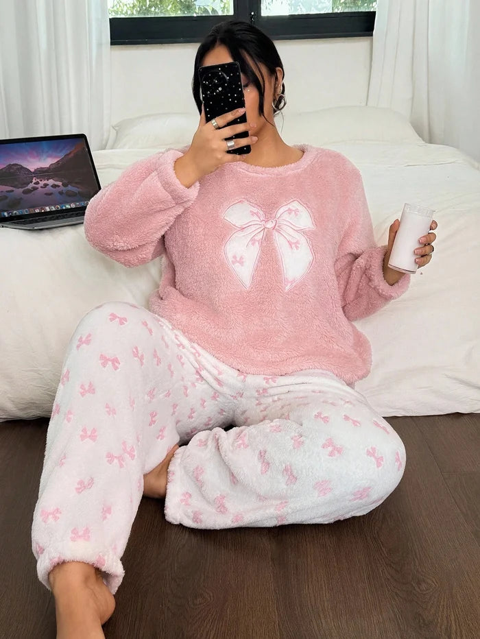 Women Pink Fleece Bow Pajama Set