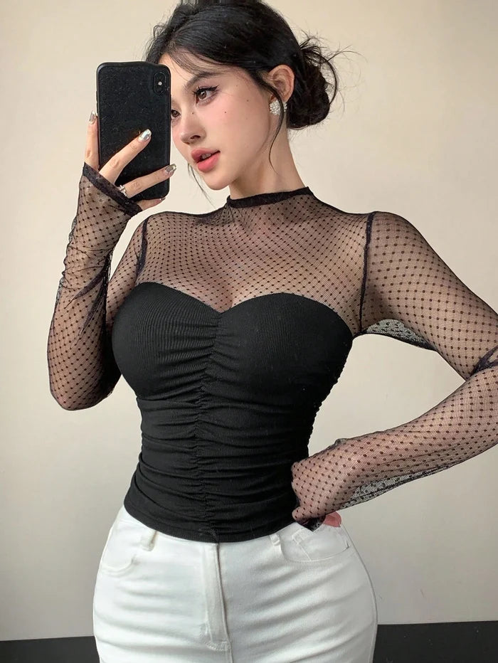 Women’s Black Mesh Polka Dot Long Sleeve Fitted Top