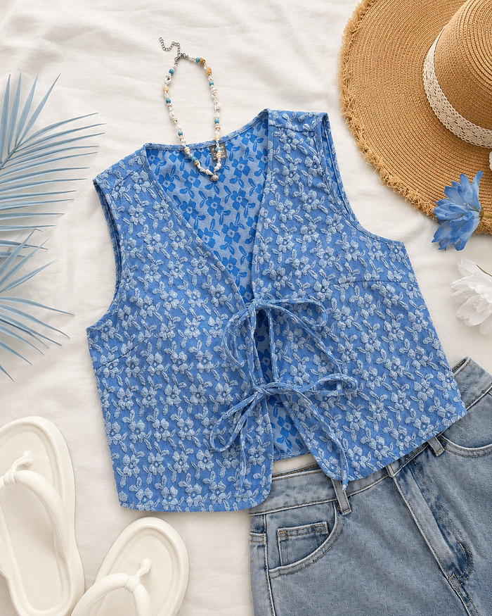 Women’s Blue Floral Tie-Front Sleeveless Top – SHEIN Fast Delivery in 5 Days