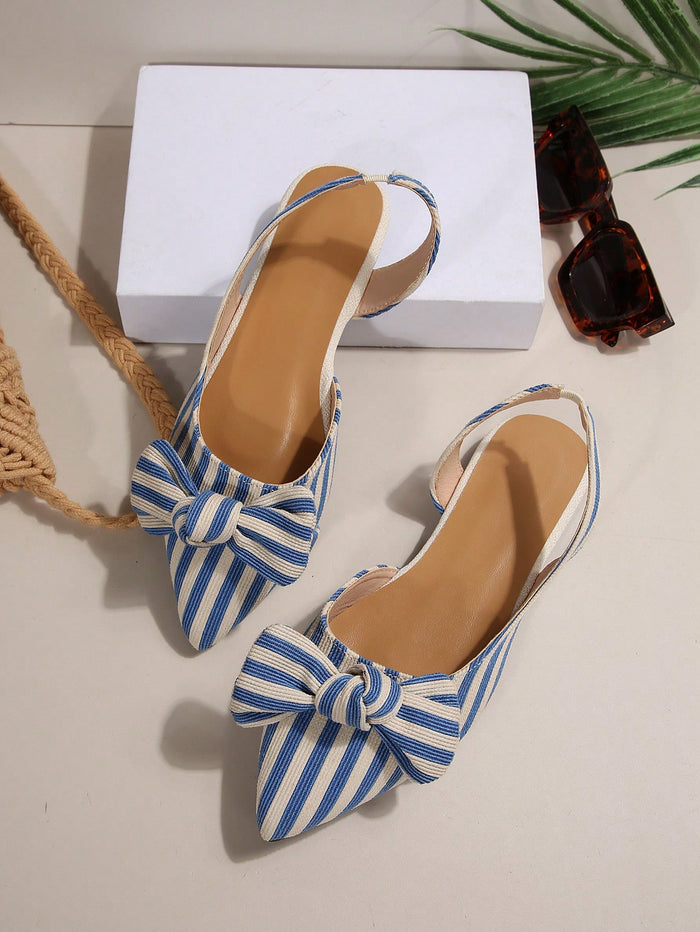 Women’s Blue Striped Slingback Flats – Pointed Toe Bow Detail – Casual Chic Summer Shoes
