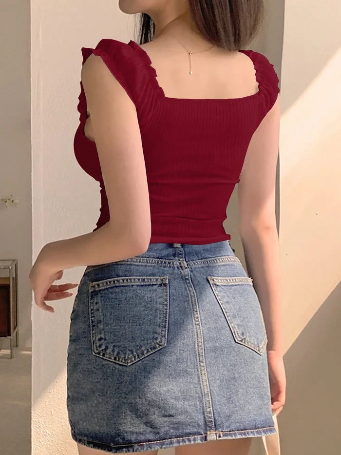 Women’s Burgundy Ruffle Strap Ruched Crop Top