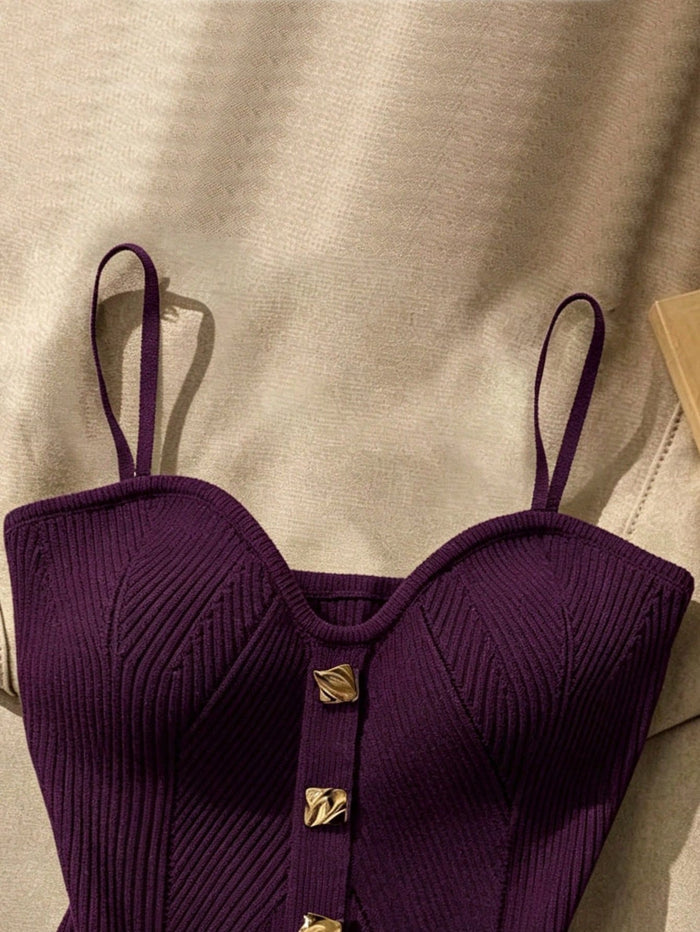 Women’s Purple Ribbed Knit Gold Button Cami Top
