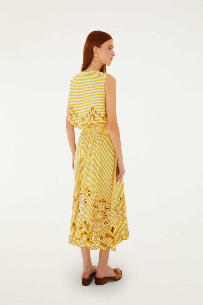 FARM Rio model wearing the Bicolor Stripes Richelieu Lenzing Ecovero Euroflax Midi Skirt