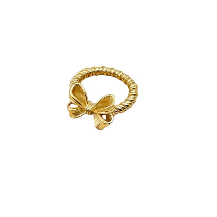 18K Gold Plated Rope Band Ring with Gold Bow