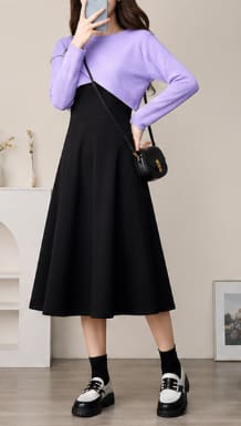 2-Piece Dress Set – Black Midi Dress with Lavender Ribbed Top – Casual Chic Outfit for Women