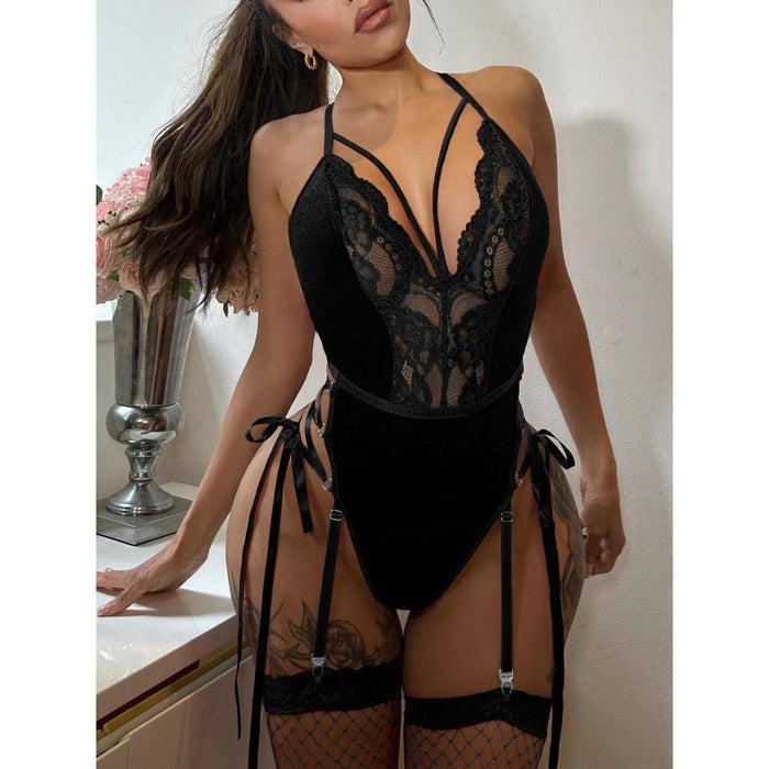 3-Piece Set: Navy Blue Velvet Garter Bodysuit and Stockings