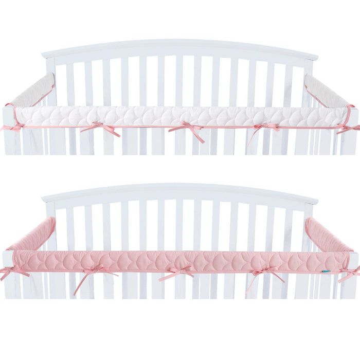 3 Pieces Quilted Crib Rail Cover - Protector Safe Teething Guard Wrap, Reversible, Fit Side and Front Rails, Pink & White - Biloban Online Store