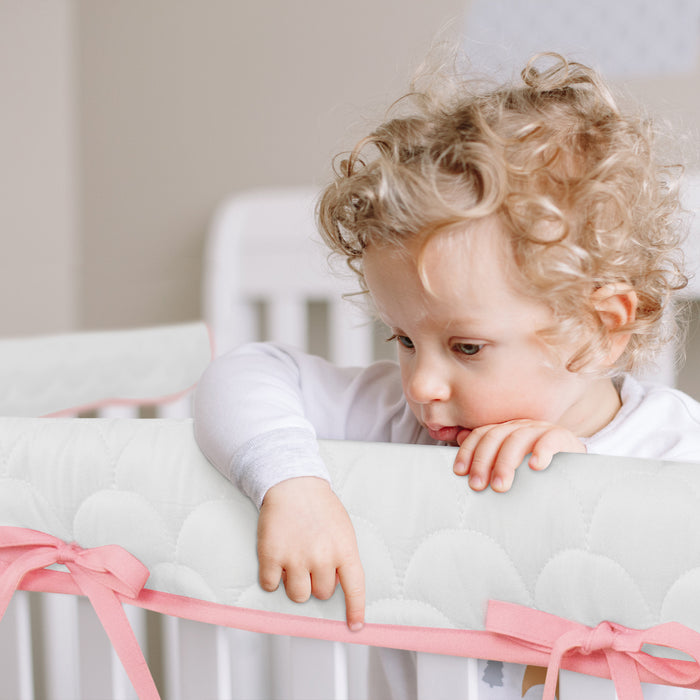3 Pieces Quilted Crib Rail Cover - Protector Safe Teething Guard Wrap, Reversible, Fit Side and Front Rails, Pink & White - Biloban Online Store