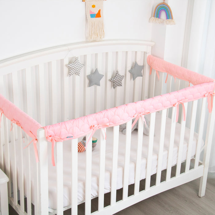 3 Pieces Quilted Crib Rail Cover - Protector Safe Teething Guard Wrap, Reversible, Fit Side and Front Rails, Pink & White - Biloban Online Store