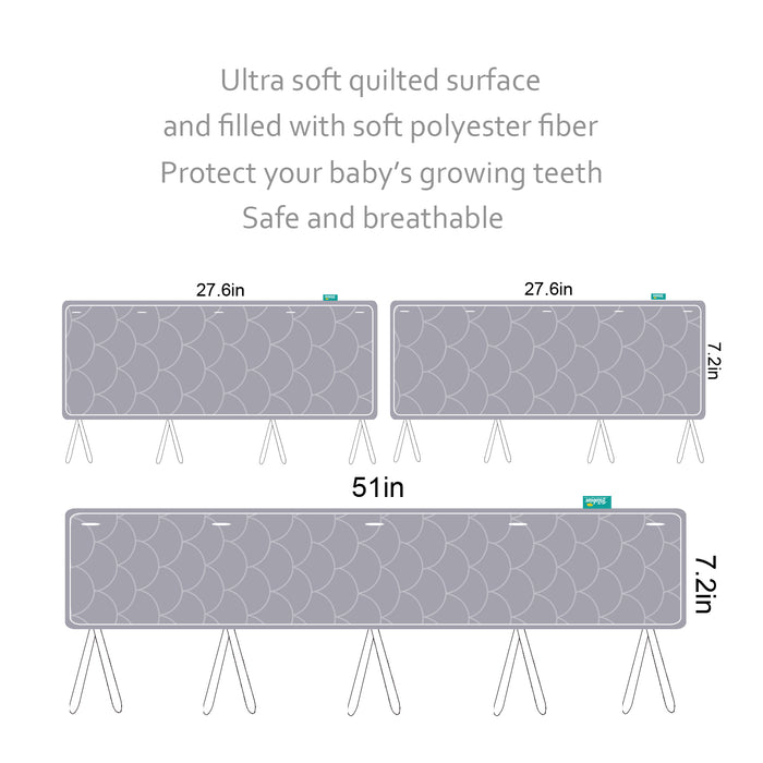 3 Pieces Quilted Crib Rail Cover - Protector Safe Teething Guard Wrap, Reversible, Fit Side and Front Rails, Grey & White - Biloban Online Store