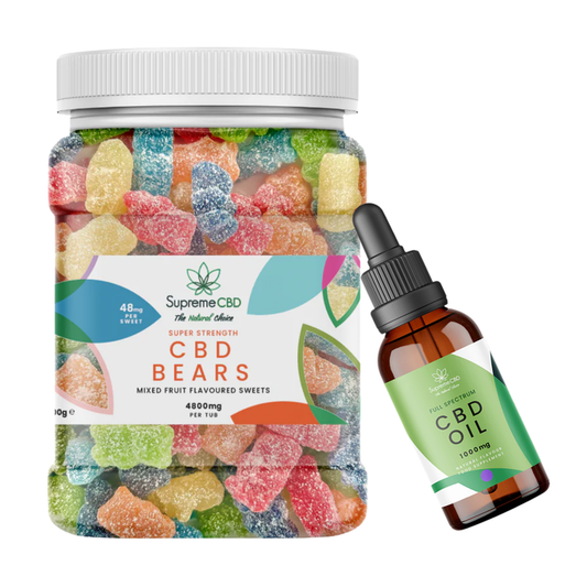 Jar of CBD gummies and a bottle of CBD oil