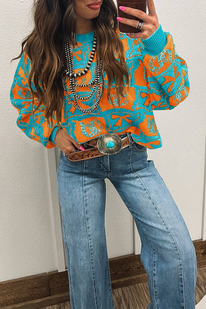 66DISCO - 66 Bows Horseshoes Pattern Western Plus Size Sweater (S-4X): Blue / L