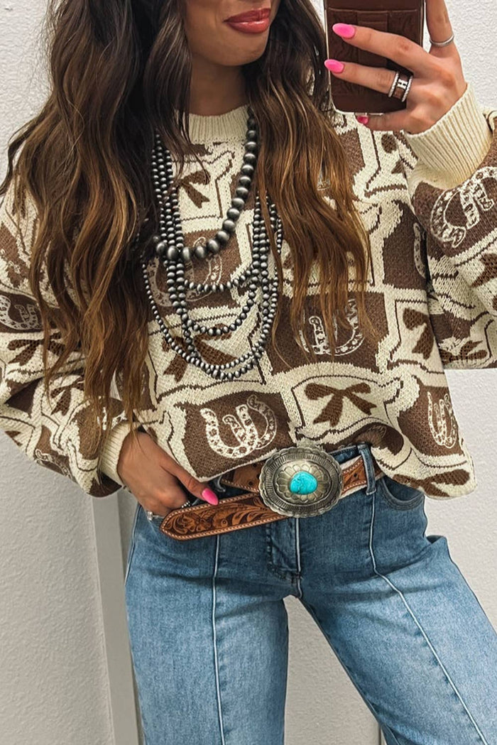 66DISCO - 66 Bows Horseshoes Pattern Western Plus Size Sweater (S-4X): Blue / L