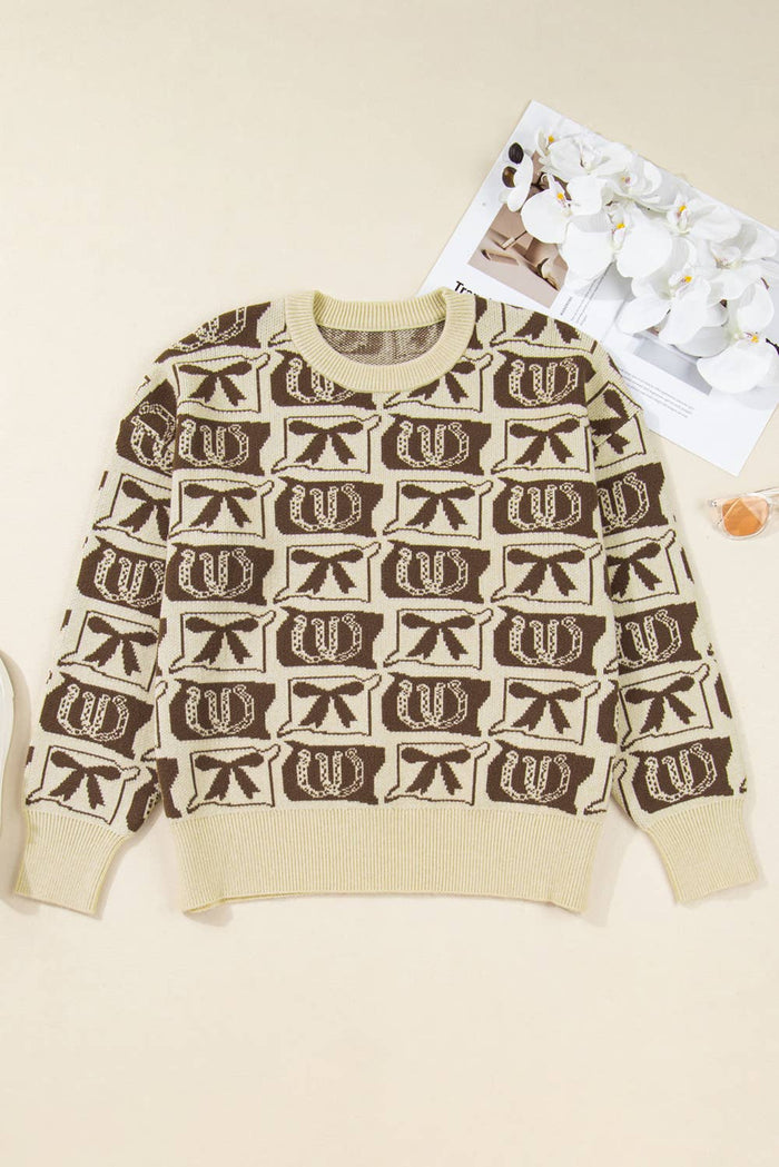 66DISCO - 66 Bows Horseshoes Pattern Western Plus Size Sweater (S-4X): Blue / L