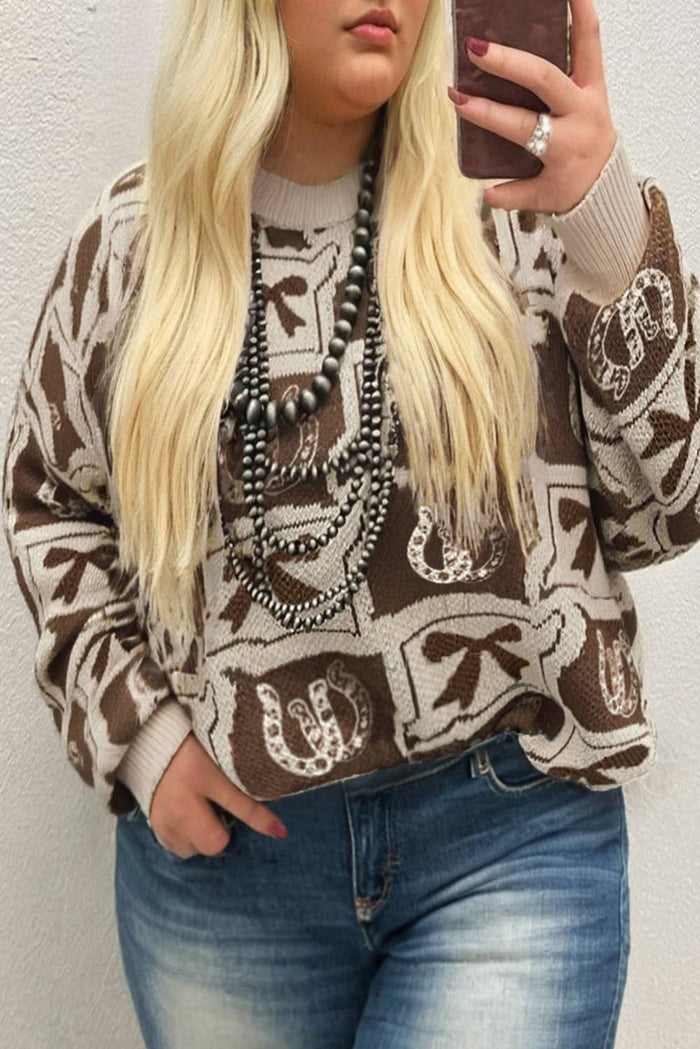 66DISCO - 66 Bows Horseshoes Pattern Western Plus Size Sweater (S-4X): Blue / M